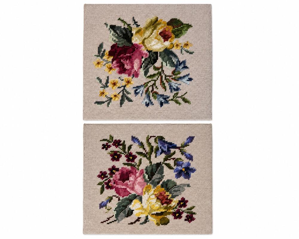 Vintage Floral Needlepoint Tapestry Pair Roses Flowers Handmade Wall Art